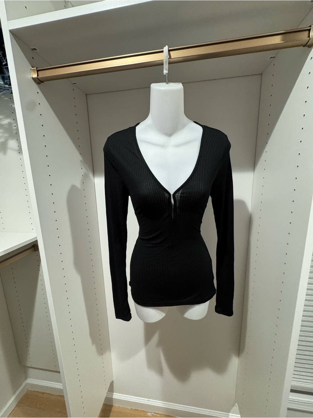 H&M Black Ribbed V-Neck Zip Long Sleeve Top